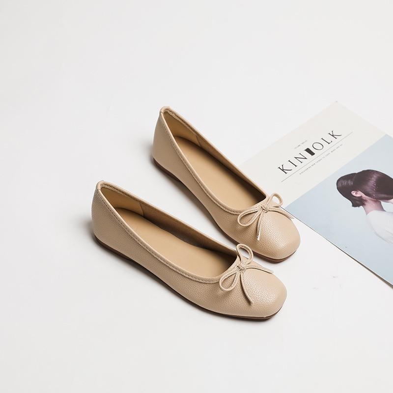 Flat single shoes women's shallow mouth square head bow simple and versatile casual and comfortable Doudou shoes women