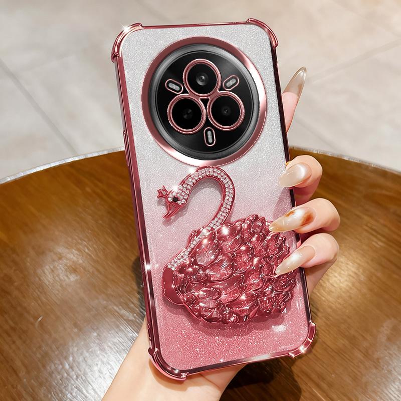 KEYSION Shockproof Plating Phone Case for Realme 14 Pro 5G Clear TPU Glitter Jewelled Swan Kickstand Back Cover for OPPO Realme 14 Pro+ 5G