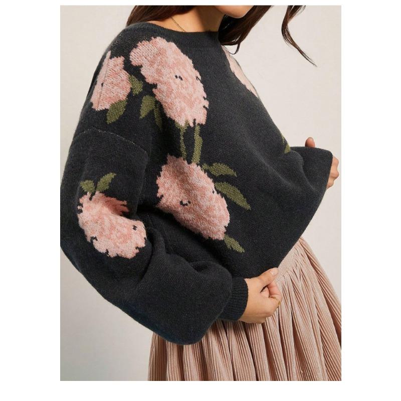Women S Loose Round Neck Long Sleeve Knit Sweater Lazy Floral Pattern