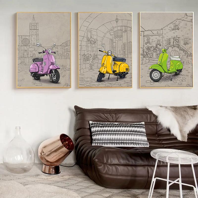 Italienischer Stil Berühmtes Gebäude Hintergrund Fiat 500 Rot Gelb Vespa Poster Druck Wandkunst Bild Leinwandmalerei Zimmer Heimdekor