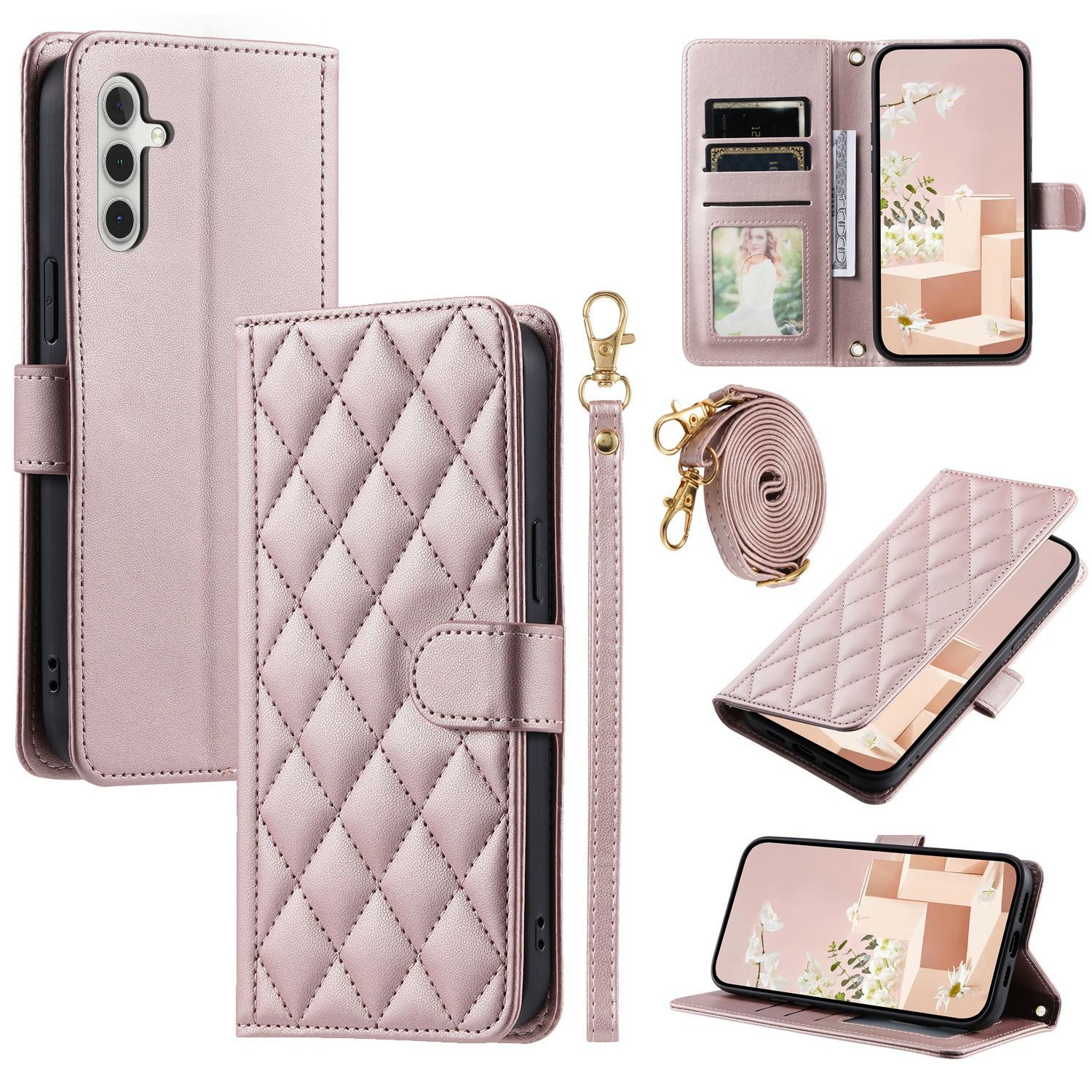 

For Samsung Galaxy A17 5G Case Wallet Rhombus Grid PU Leather Phone Cover Rose Gold