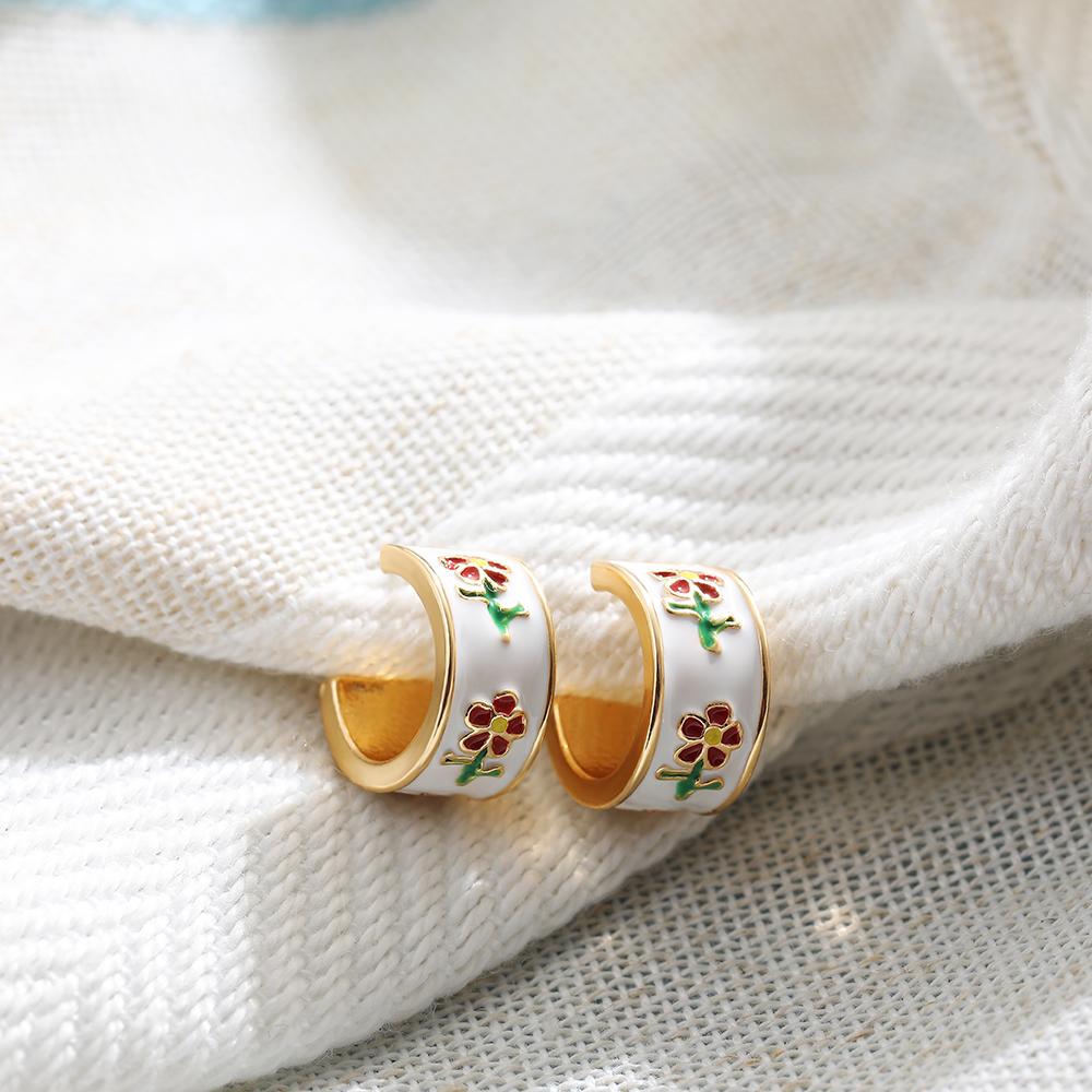 

Vintage Cute Flower Earrings for Women New Trendy Open Circle Enamel Flowers Small Hoop Earrings Fashion Zircon Gift
