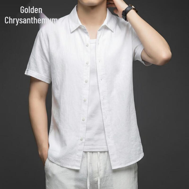 Jinjv Men s 100% Linen Short Sleeve Lapel Collar Shirt 3XL