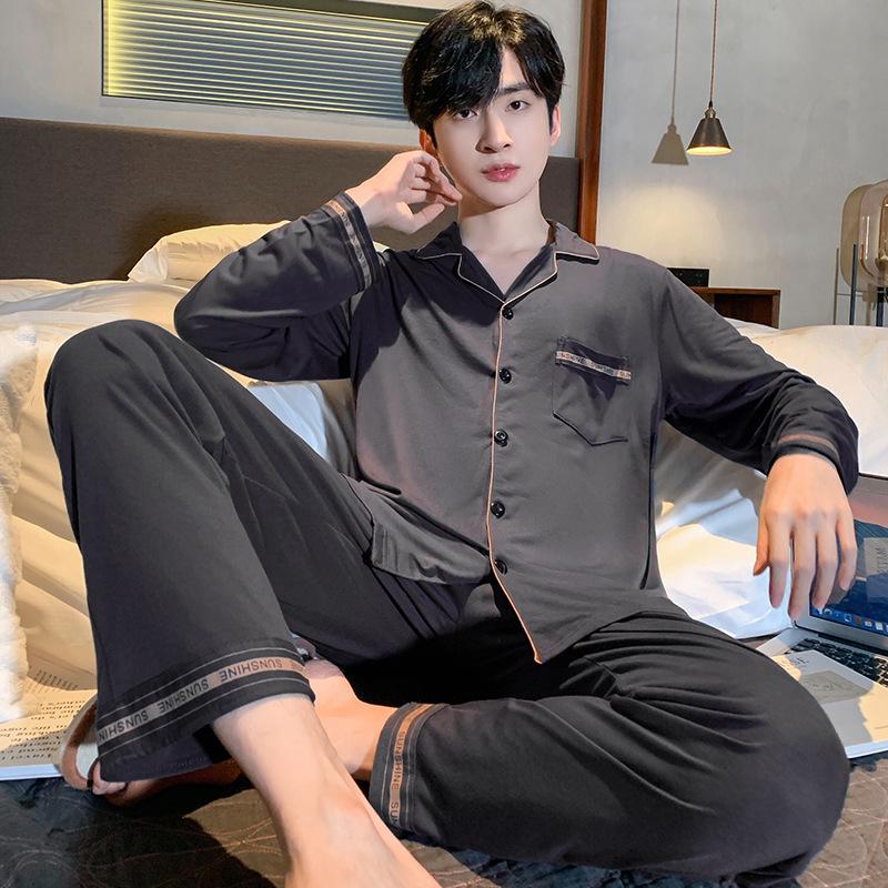 Season Men's Sleepwear Long Sleeve Thin Cotton Pyjamas Set Loose Comfortable Home Clothes Spring Autumn Styl