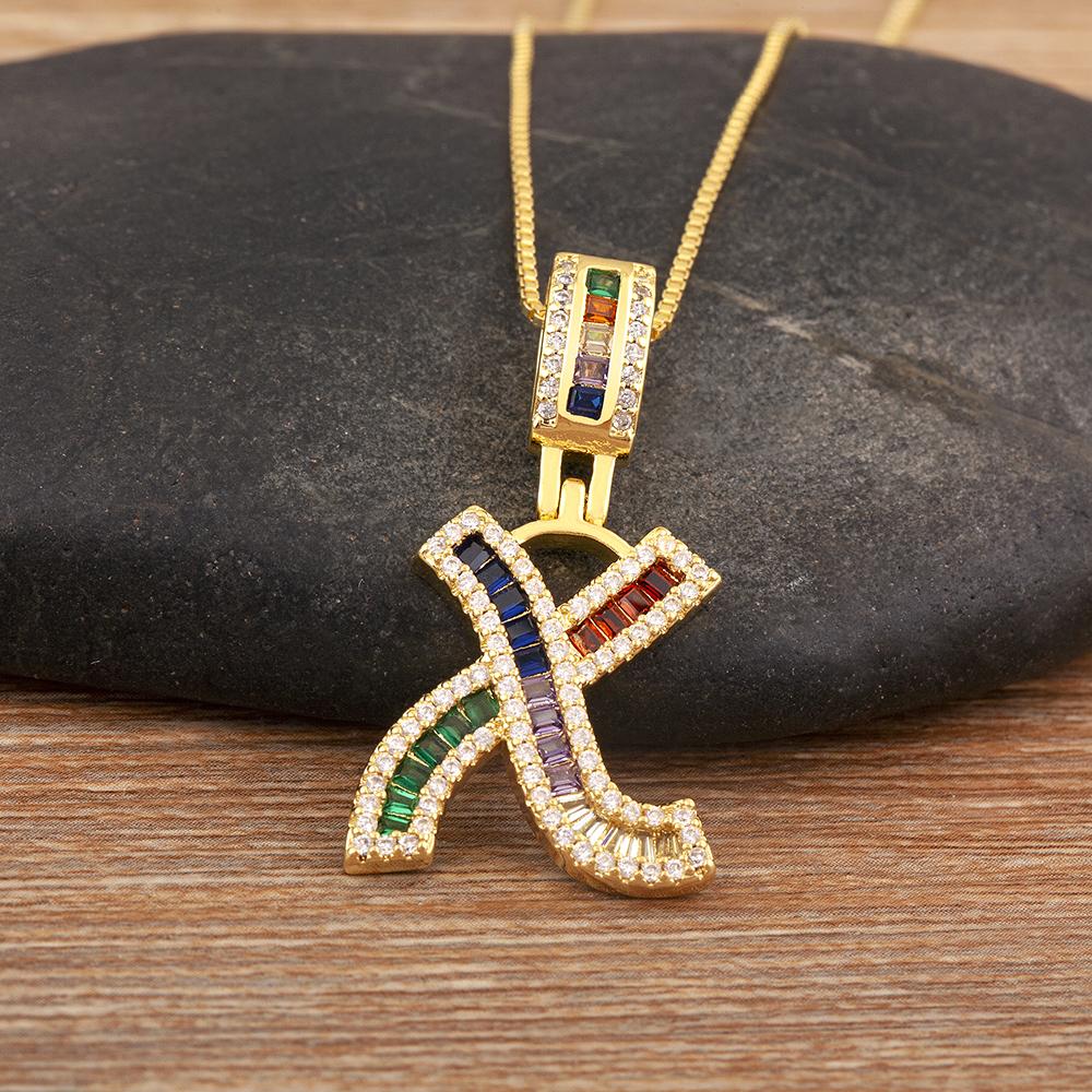 Nidin Simple Fashion 26 A-Z Letters Alphabet Rainbow Cubic Zirconia Pendant Necklace For Women Men Hip-Hop Style Copper Jewelry