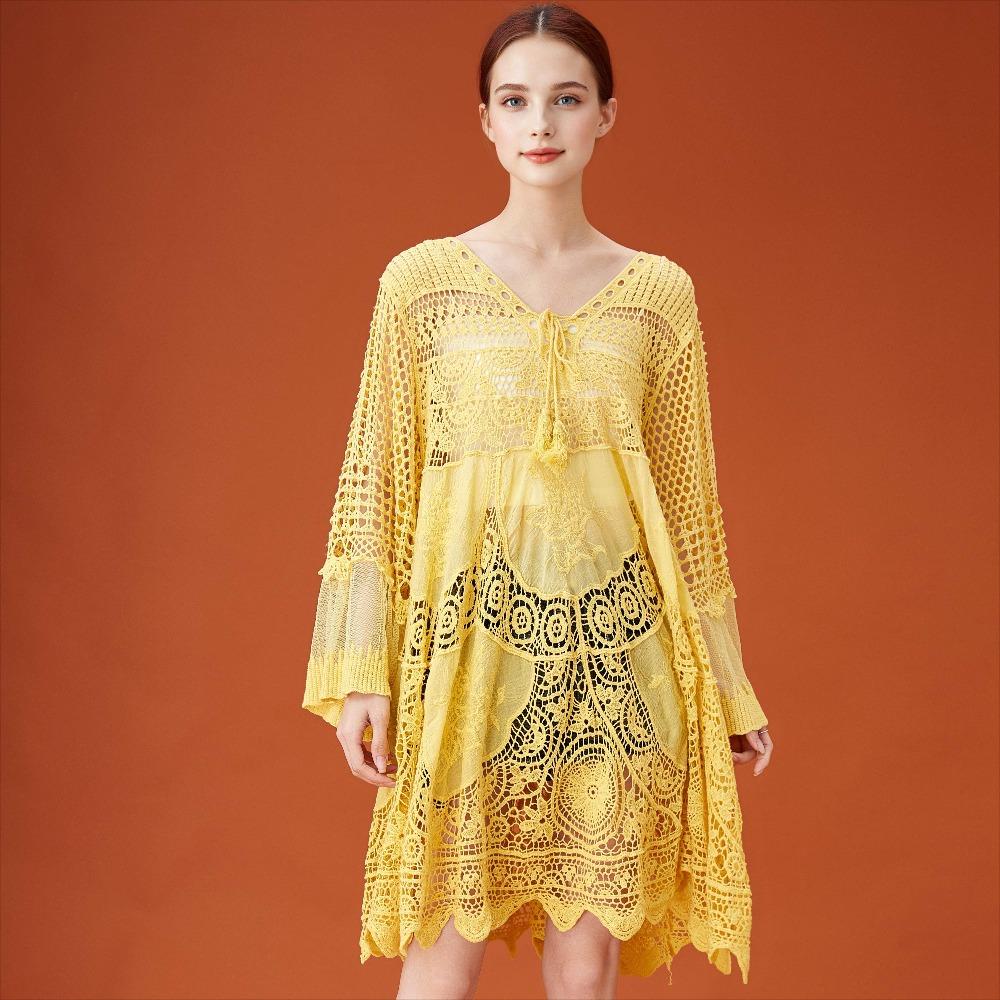 DIMANAF 2026  New Summer Women Long Basic Knitted Dress Sleeve  Fashion Lace Dresses Casual Loose