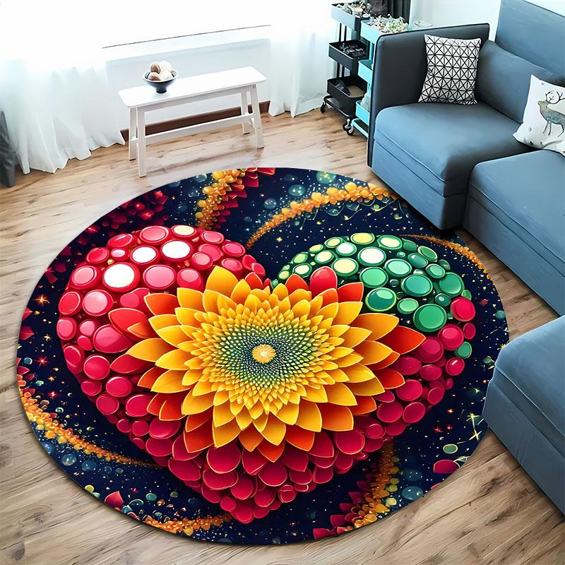 Colorful Heart and Flower Design Round Rug for Living Spaces round carpet for home sofa bedroom, gift