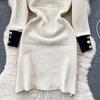 Autumn Women O Neck Long Sleeves Buttons Chain Pockets Knitted Sweater Dress Elegant Skinny Sheath Bodycon Dresses