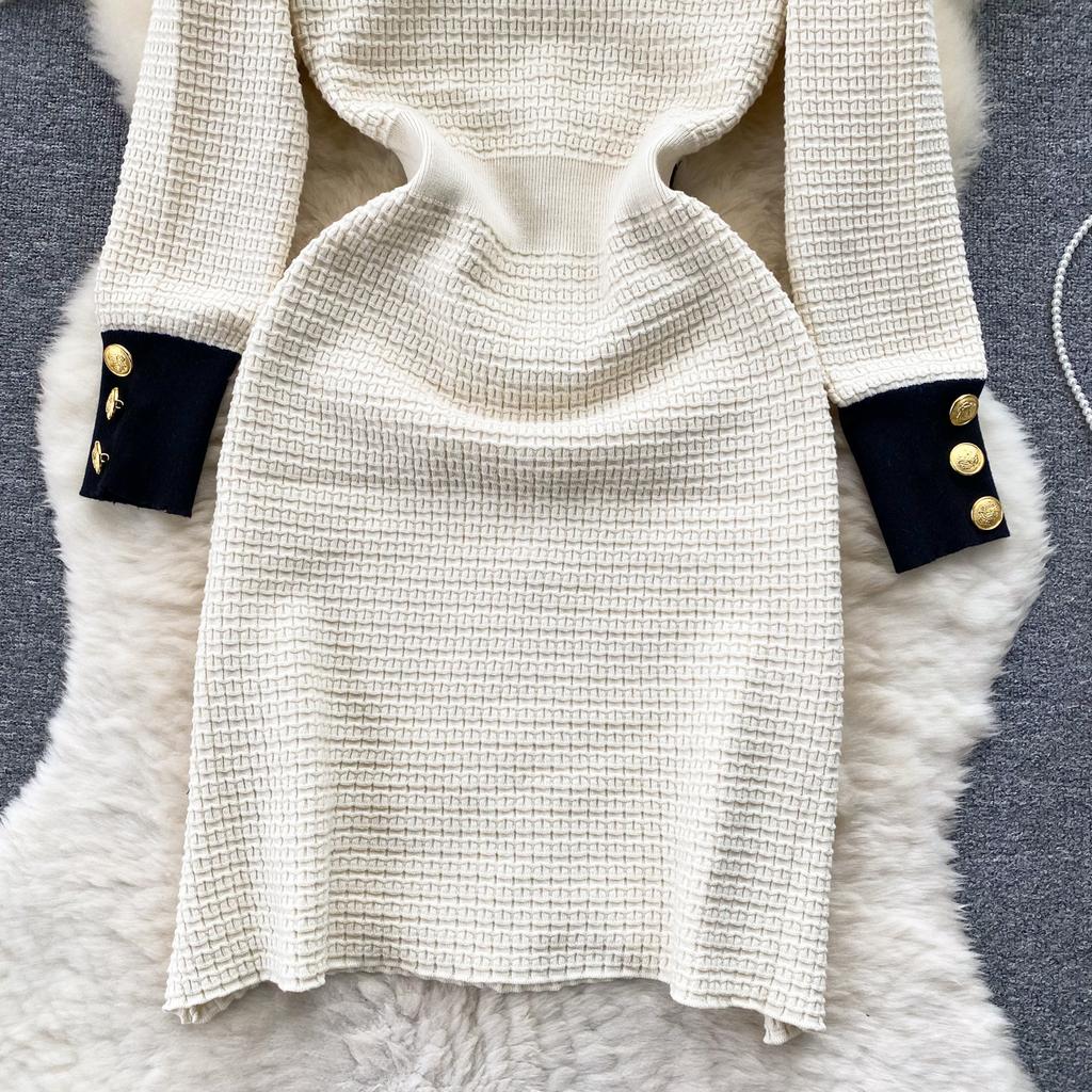 Autumn Women O Neck Long Sleeves Buttons Chain Pockets Knitted Sweater Dress Elegant Skinny Sheath Bodycon Dresses