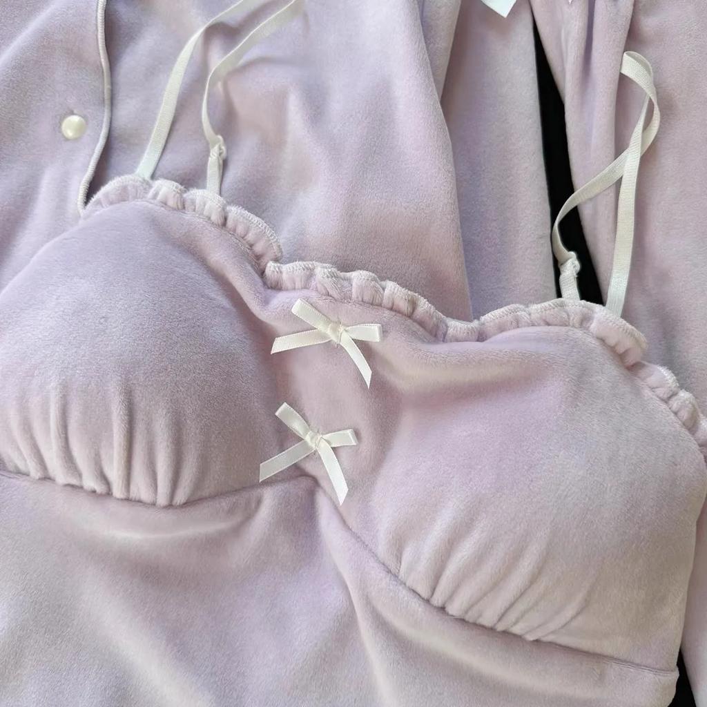 Süßer Prinzessinnenstil 3-teiliges Pyjama-Set Island-Velours Nachtwäsche Haus-Lounge-Bekleidung Herbst Winter Doppelseitiger Velours Hosenanzug