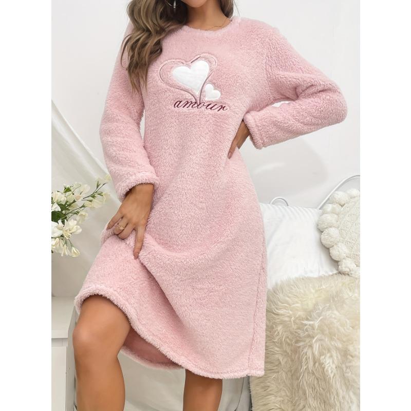 Rosa Liebesherz Pyjama Damen Nachthemd Flanell Herbst Winter Lange Ärmel Nachtwäsche Niedlicher Pyjama Warme PJs Weiche Pj Gemütlich Bequem Mädchen