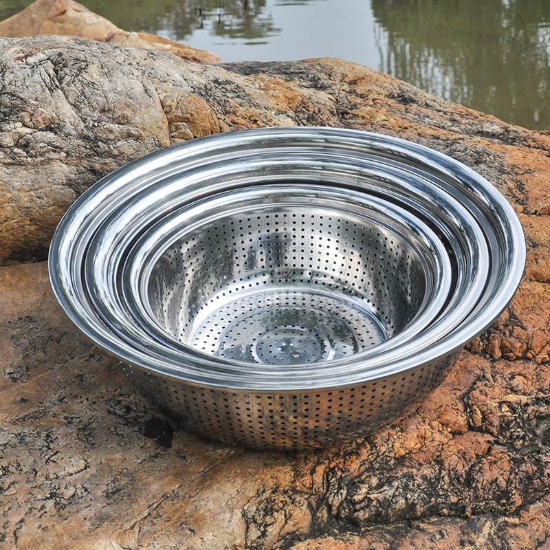 Vegetable and fruit mesh filter plates Mesh hole dinner plates Thickened Stainless Steel leak colander Plate Round hole tray