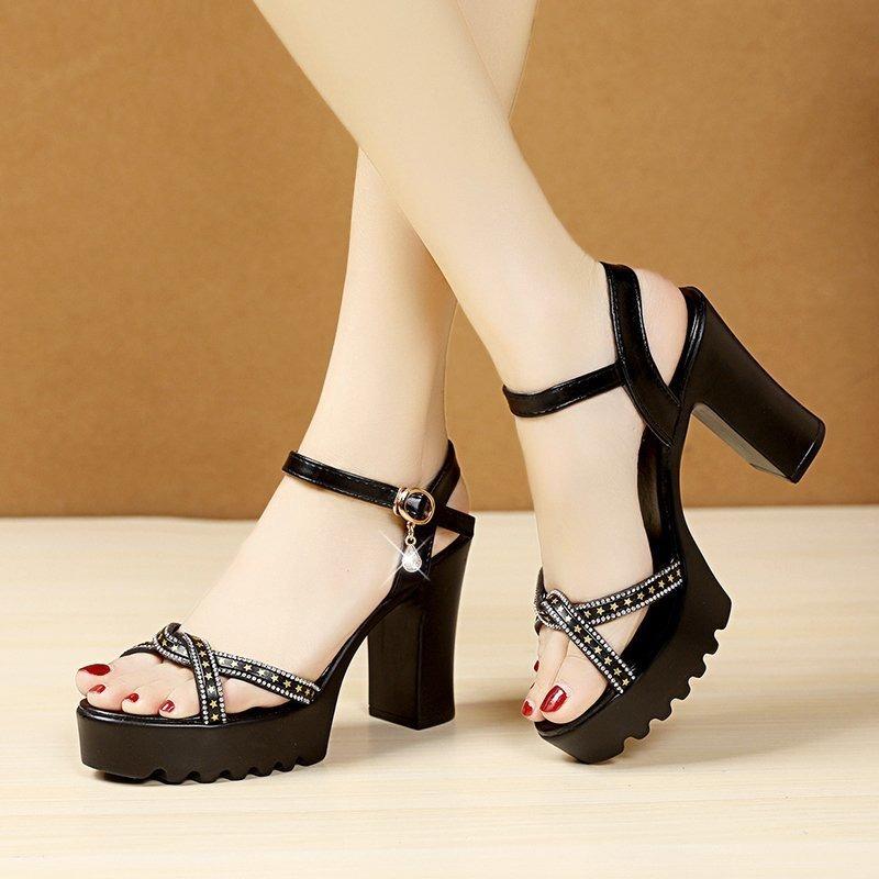 Shining Rhinestone Thick Heel High-heeled Sandals for Women's Summer New Comfortable and Simple Buckle Fashion Sandals