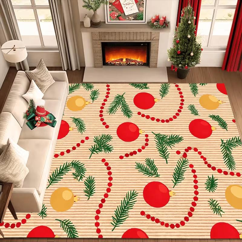 Christmas Area Rug Light Stripe Background Red Gold Ball Pine Branch Print Soft Floor Mat Living Room Bedroom Home Decor Carpet