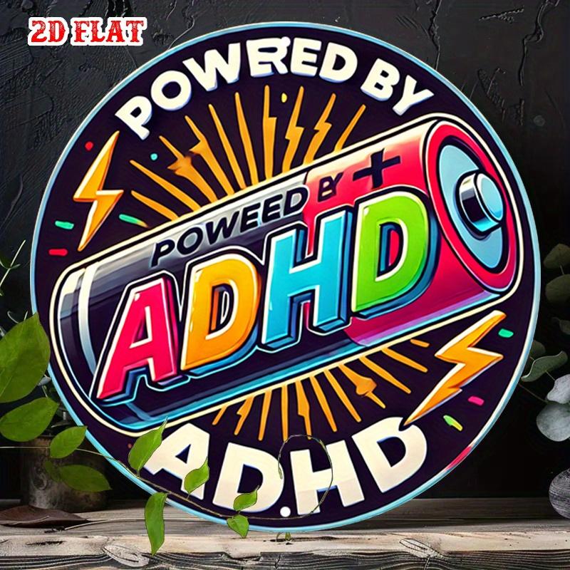 Powered By ADHD Battery Graphic Vintage HD Metal Wall Art Neon Pop Art Metal Sign with Lightning Bolt Design for Home and Offi