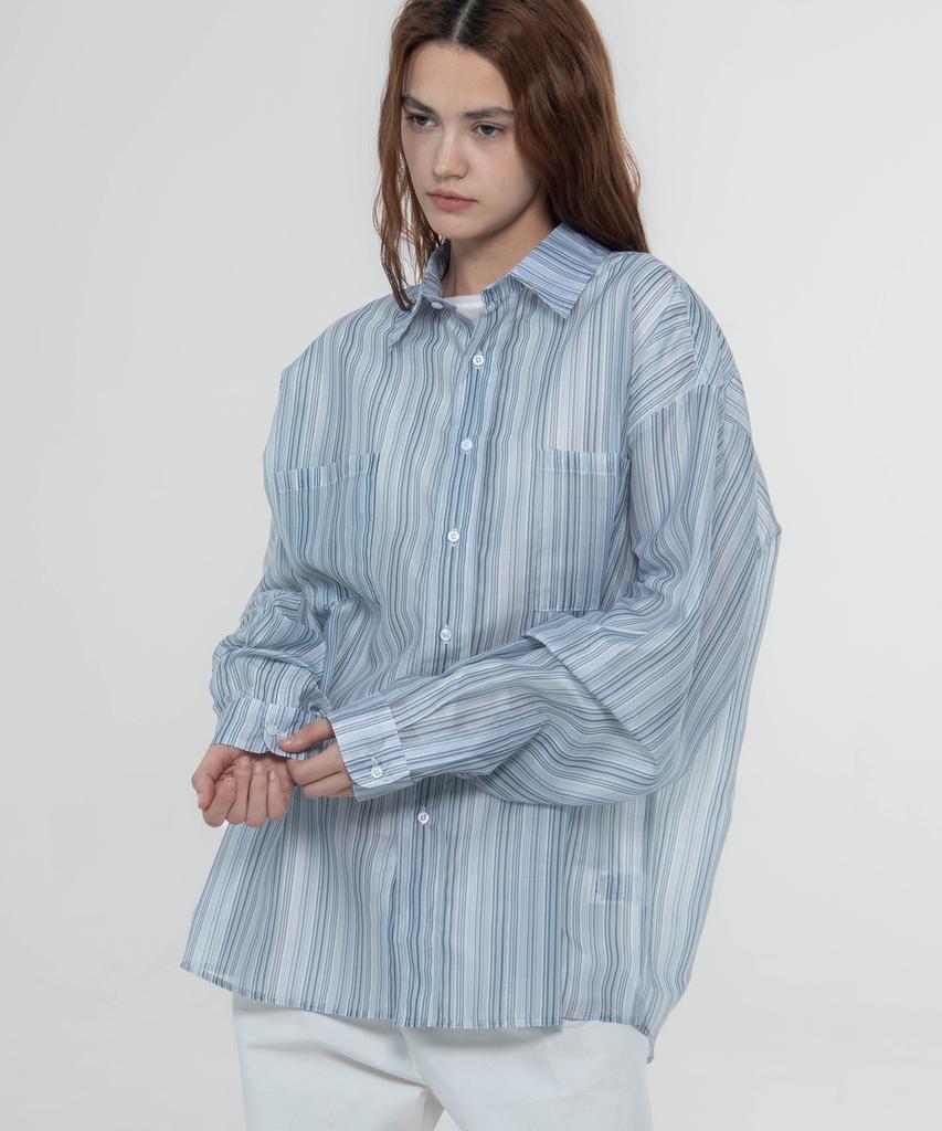 CHICKS Oversized Striped See-Through Shirt Blue