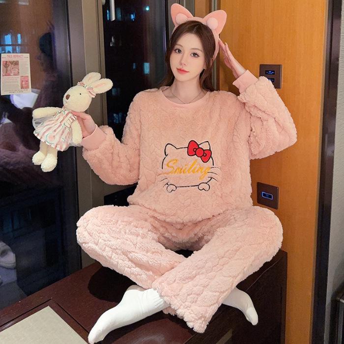 

Женский пижамный комплект большого размера из кораллового флиса - Уютный зимний топ с длинным рукавом и брюки для дома и улицы 5XL