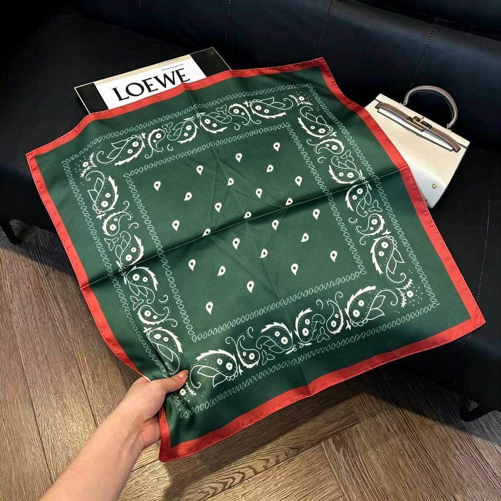 Sen green flower print fresh imitation silk scarf premium versatile square scarf neck protection scarf trendy headscarf scarf women