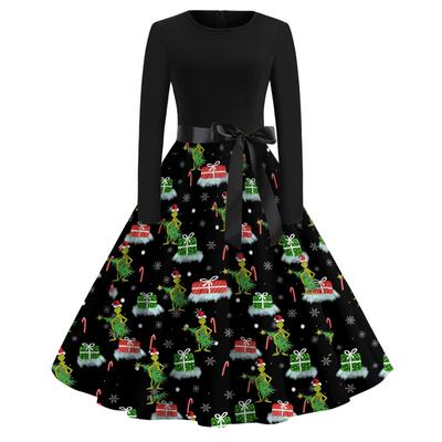 Women's Casual Christmas Printed Round Neck Large Swing Dress Long Sleeved Dress Slim Fit Dress