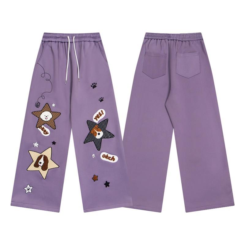 American Retro Cartoon Dog Star Embroidery Sweatpants Straight Leg Drawstring Pants Men