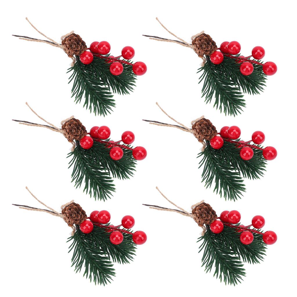 6PCS Artificial Pine Branches with Red Berry and Cone Decorative Pine Needle Picks for Garden