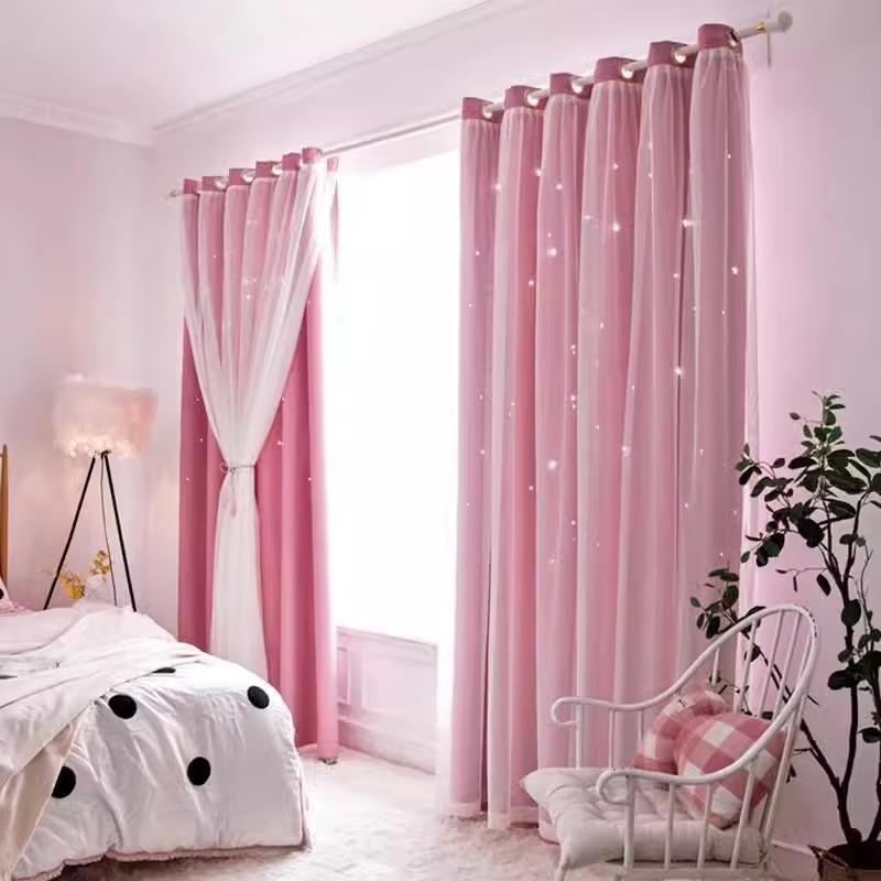 

Hollow Star Curtains same lace curtains, dreamy princess wind high-black-shading double-layer curtains finished 132 X 160cm&Grommet Top