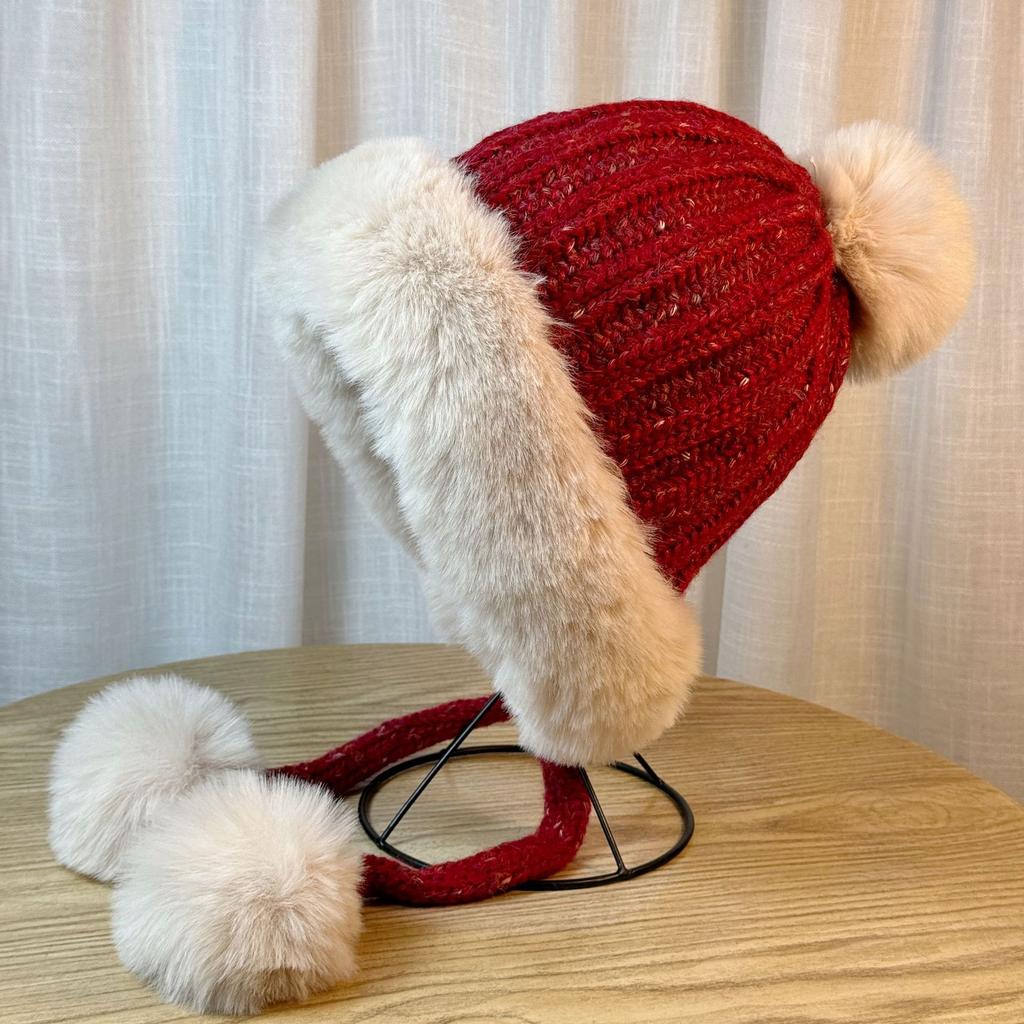 Cute Fur Ball Ear Protection Hat for Women in Autumn and Winter Thickened Knitted Versatile Face Showing Small Woolen Hat Outdoor Warm Lei Feng Hat