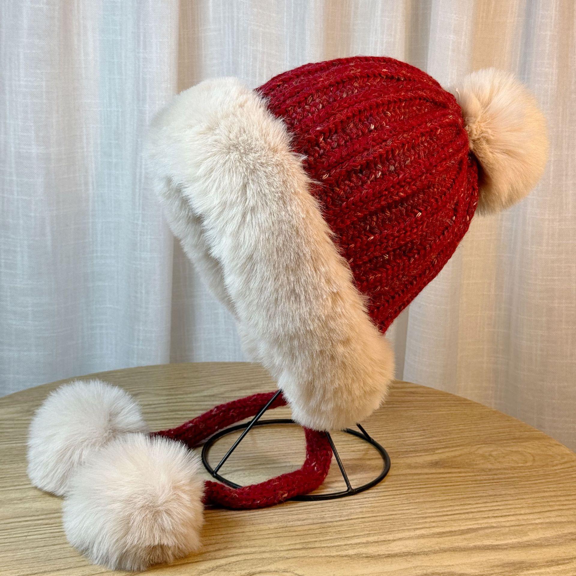 

Cute pom-pom ear protection hat for women, autumn and winter thickened knitted versatile hat that makes the face look smaller, outdoor warm Lei Feng Adult54-60Average Size вина червоного кольору
