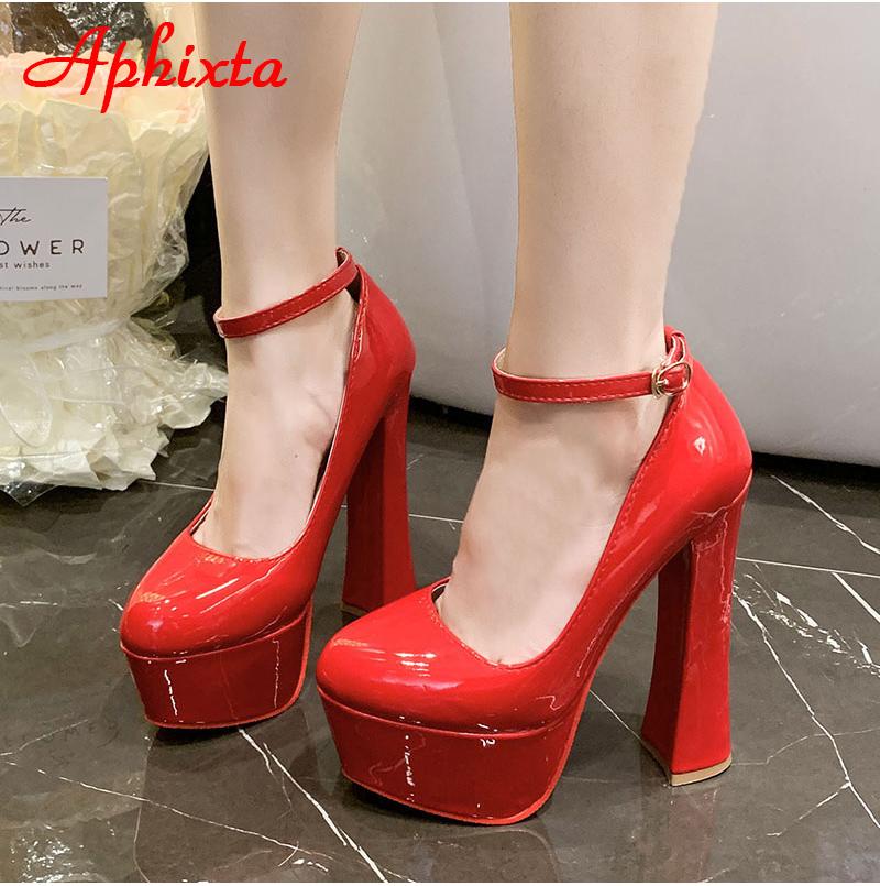 Fashion Aphixta 1cm Belt Buckle Red Party Disco Dance Pumps Women 5.5cm Platform 16cm Super High Chunky Heels Pumps Super Szie 48 49 50