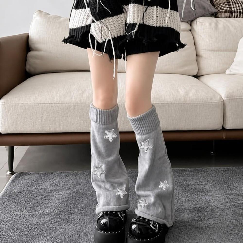 Star Decoration Knit Long Socks Striped Leg Warmers Vintage Boot Cuffs For Women