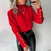 Women's Casual Sexy Backless Button Long Sleeve Solid Color Lace Round Neck Shirt
