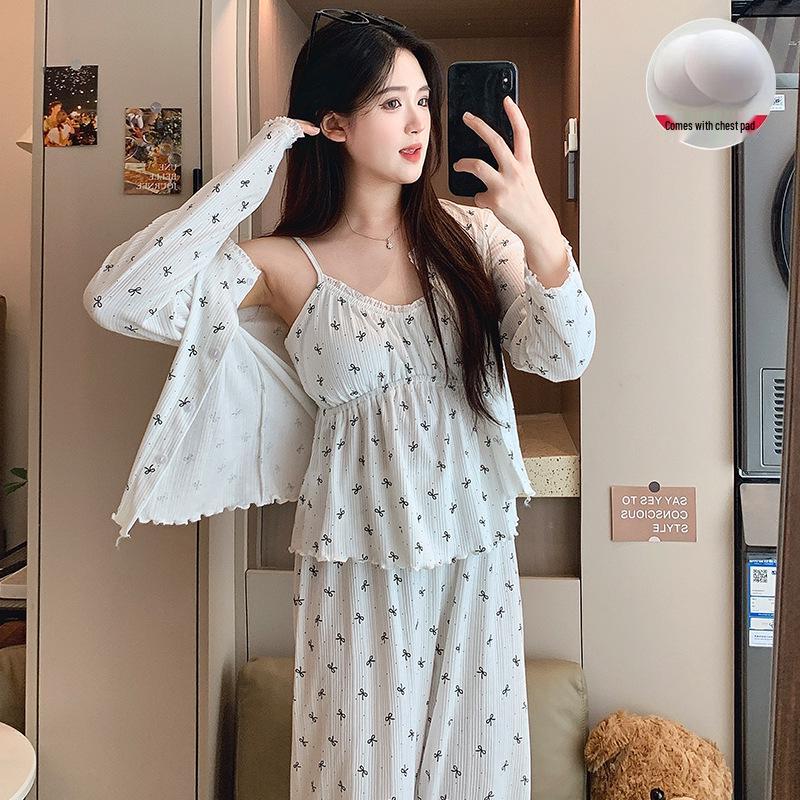 Women's 3-Piece Japanese Polka Dot Pajama Set - Long Sleeve Cardigan, Versatile for Spring/Autumn, Suitable for Home or Outdoors