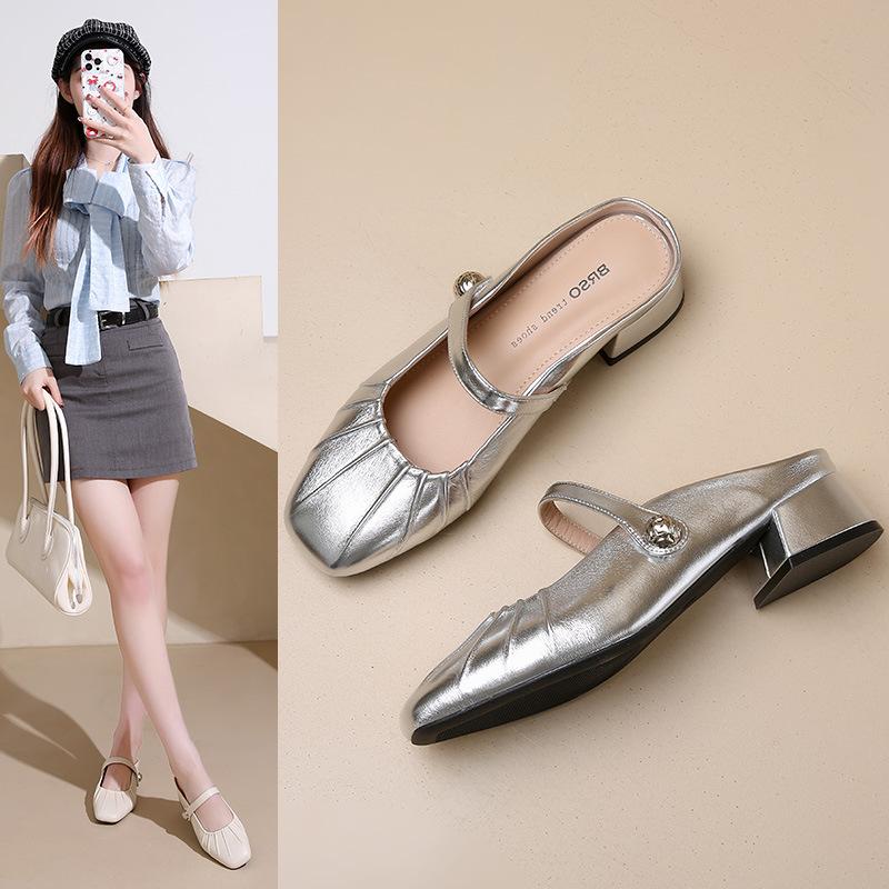 2025 Spring and Autumn New Square Head with Simple Mary Jane Shoes French Thick Heel Low Heel Shallow Mouth Fold Half Drag Women