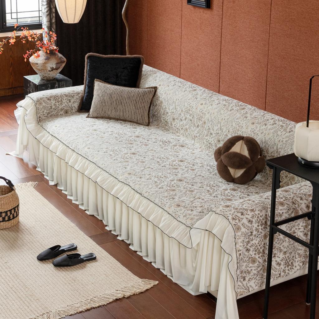 1pc Floral Jacquard Ruffle Hem Sofa Cover, Elegant Chenille Fabric, All-Season Machine Washable, Fits 1-4 Seater