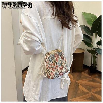Axelremsväska Dragsko Kanvas Damväska Blommig Broderi Etnisk Stil Liten Väska Crossbody Hinkväska