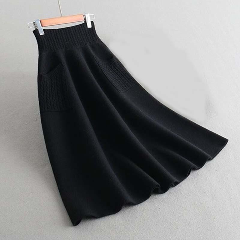 Women Fall Winter Medium Length Elastic High Waist Knitted Skirt Thick Soft Warm Solid Color Loose Big Swing Pocket A-line Skirts