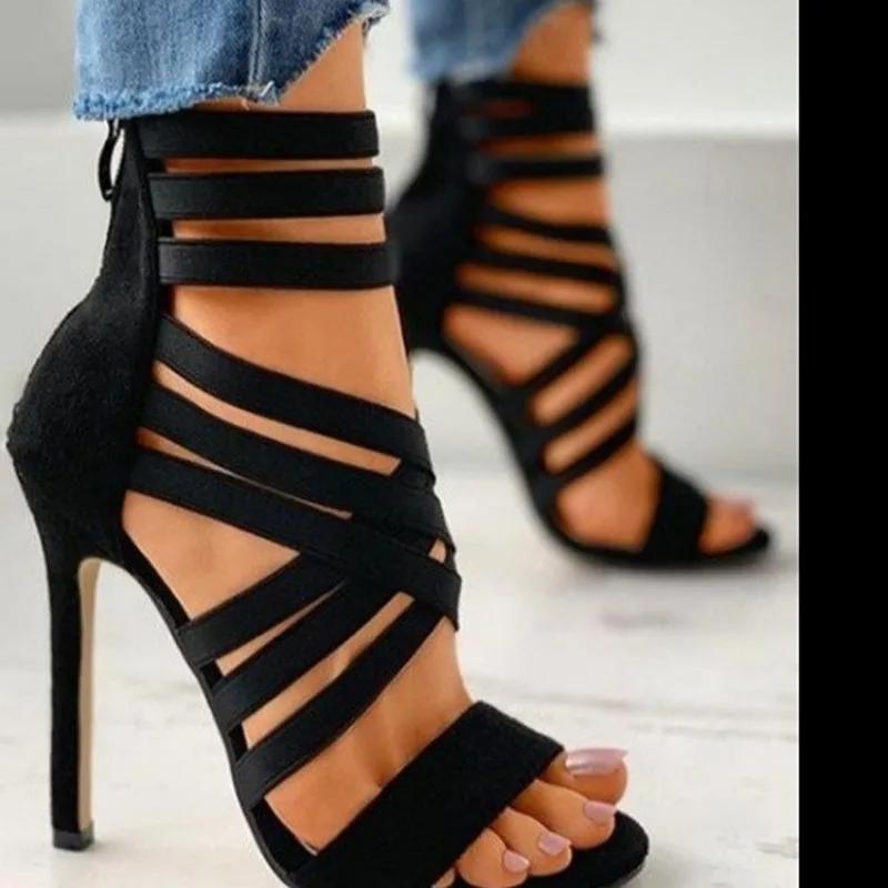 Summer Women's Fashion Bandage Back Zipper Sandals Sexy Pointed Toe Versatile Solid Color Banquet Party Stilettos Large 43