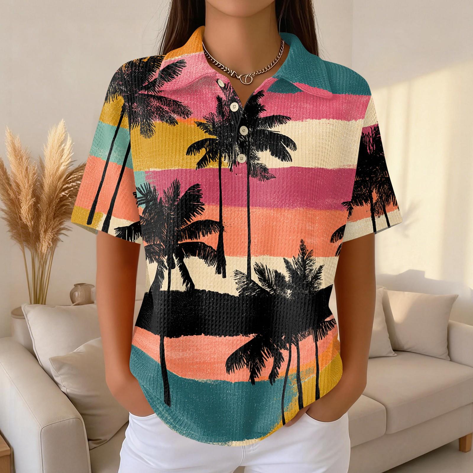 

Women s Casual Short Sleeve Polo Shirt Waffle Texture Hawaiian Print Lightweight Summer Top with Buttoned Collar Relaxed Fit XXXL помаранчевий