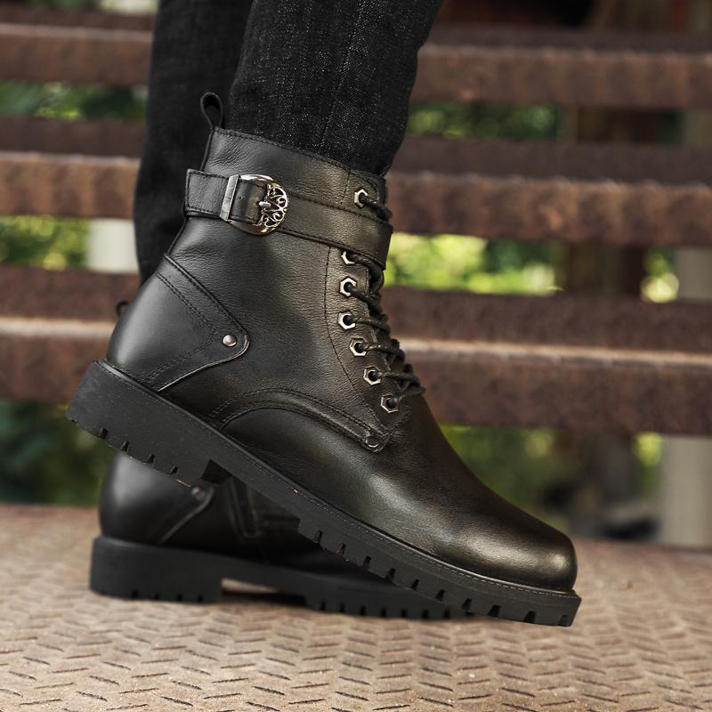 Fashion 2024 New Men's Genuine Leather Shoes Lace-Up Warm Winter Boots Top Quality High Top Boots Fashion Men's Motorcycle Ankle Boots