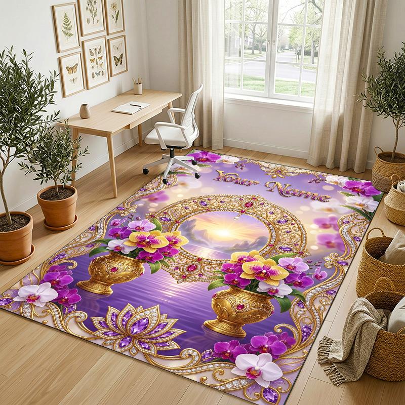 Floral Garden Theme Crystal Velvet Rug Personalized Custom Name Text Soft Floor Mat Home Decor