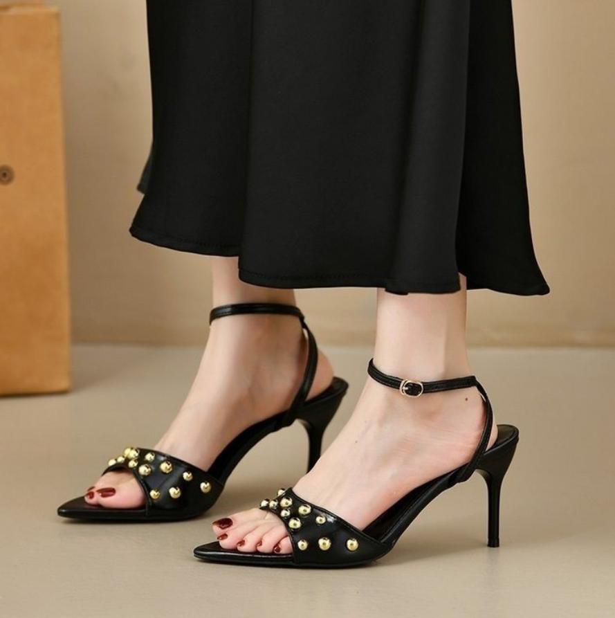 Summer Retro Rivet Peep Toe Women Sandals Fashion Buckle Strap Thin High Heels Stripper Shoes Mujer Banquet Dress Shoes