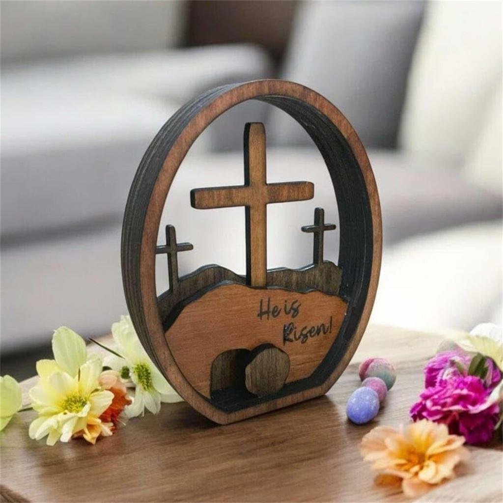 Easter Decoration He Is Risen Wooden Easter Resurrection Scene Cross Tomb Tray Set Easter Decor Centerpiece For Religious Home Table