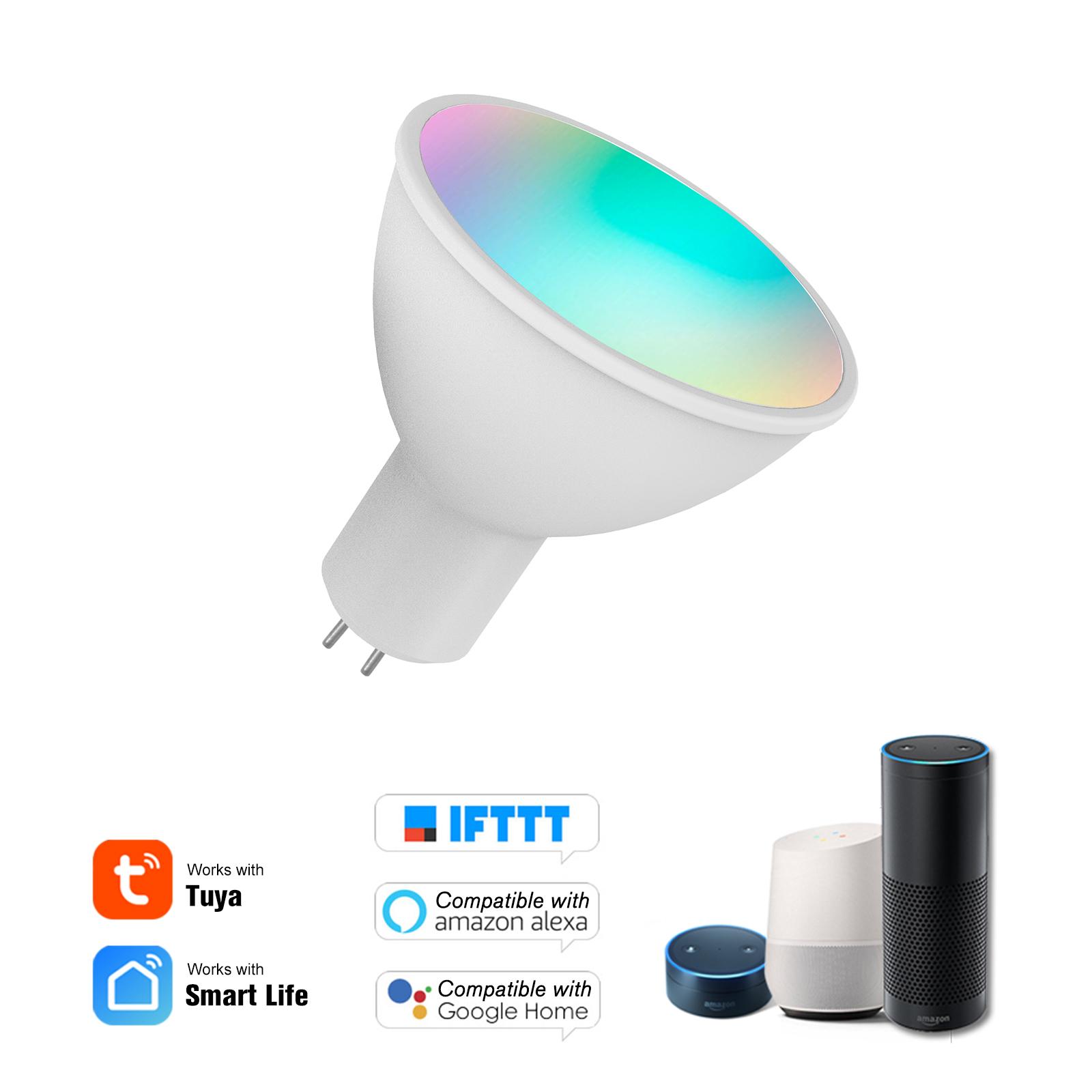 

Умная WiFi лампа, 5 Вт GU5.3 Диммируемая RGBW C Светодиодная лампа Свет Устройство освещения с голосовым управлением Таймер для дома В помещении На улице Сад