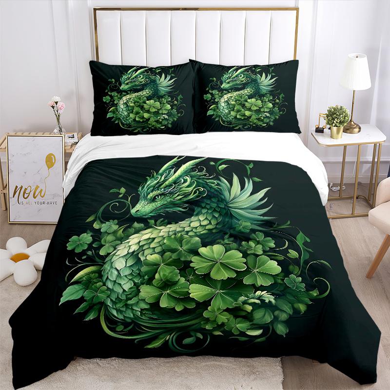 3pcs Green Leaf Dragon Quilt Set - Soft and Comfortable Bedroom, Guest Room and Dorm Decor Bedding Set 1 Quilt Cover + 2 Pillowcases.J063