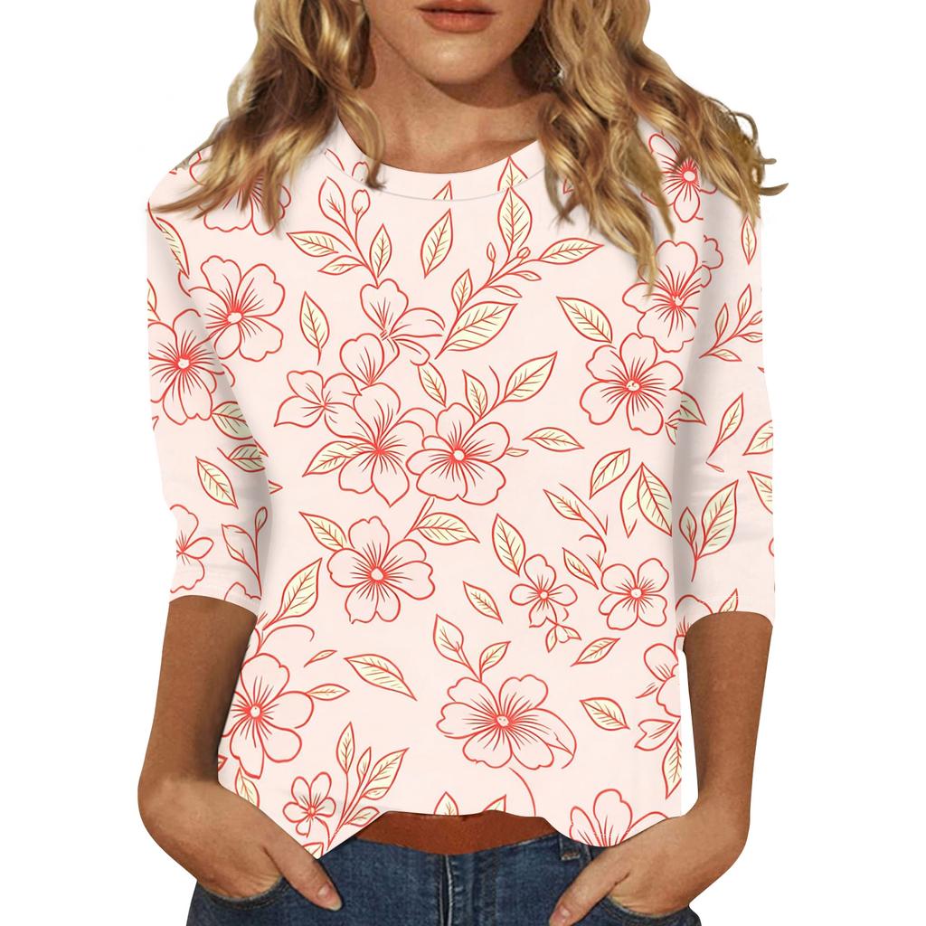 Damen Casual Oberteil mit Dreiviertelärm, Blumenprint, Rundhalsausschnitt, Lockerer Schnitt, Leichter Pullover-Bluse für den täglichen Gebrauch