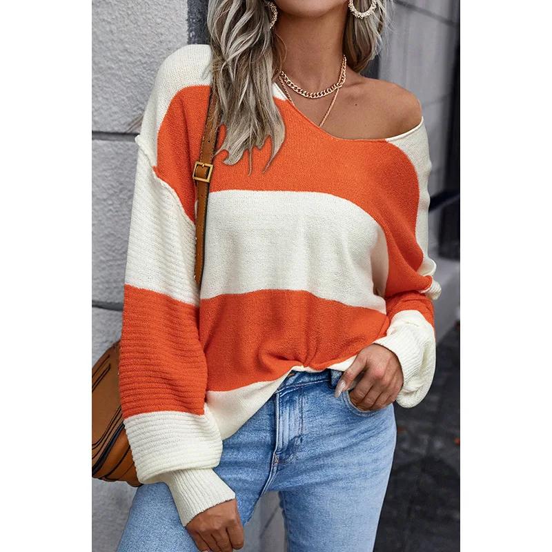 Maglione a righe color block con scollo a V a manica lunga in maglia off-shoulder da donna, nuovo, versatile per