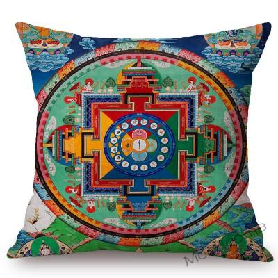 Colorful Blue Buddhism Artwork Bodhisattva Fortune God Sakyamuni Tangka Buddha Painting Sofa Pillow Case Linen Cushion Cover