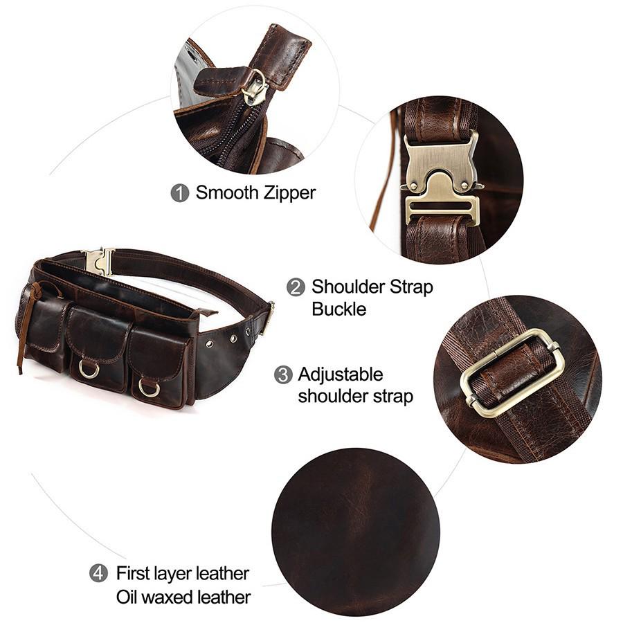 Men's Top Layer Cowhide Multi-Pocket Waist & Crossbody Bag - High-End Oil Wax Leather Retro Style
