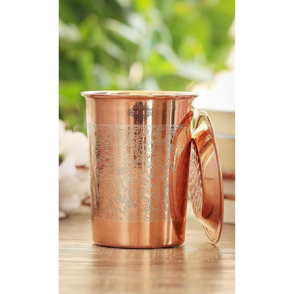 Pure Copper Full Embossed Design Glass Tumbler Cup with Lid, Drinking Serving Water, Yoga Ayurveda, Volume-300 ML (Pack of 1)