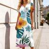 Women V Neck Short Sleeve Casual Dress Hawaiian Print Elastic Waist Midi Length Summer Beach Dress